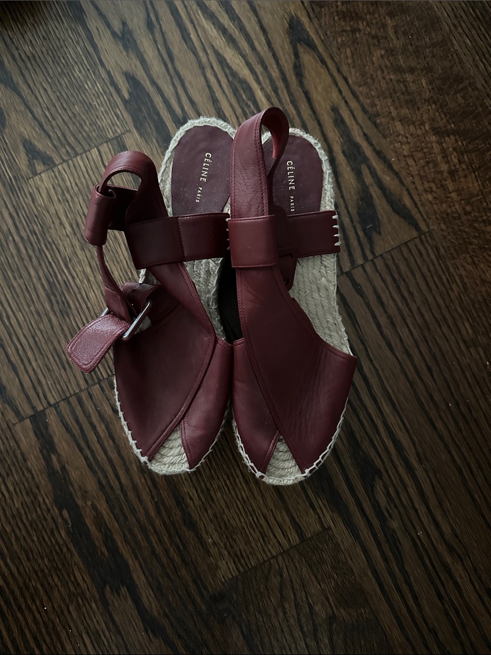 Celine Burgundy Leather Espadrille Sandals with Ankle Strap